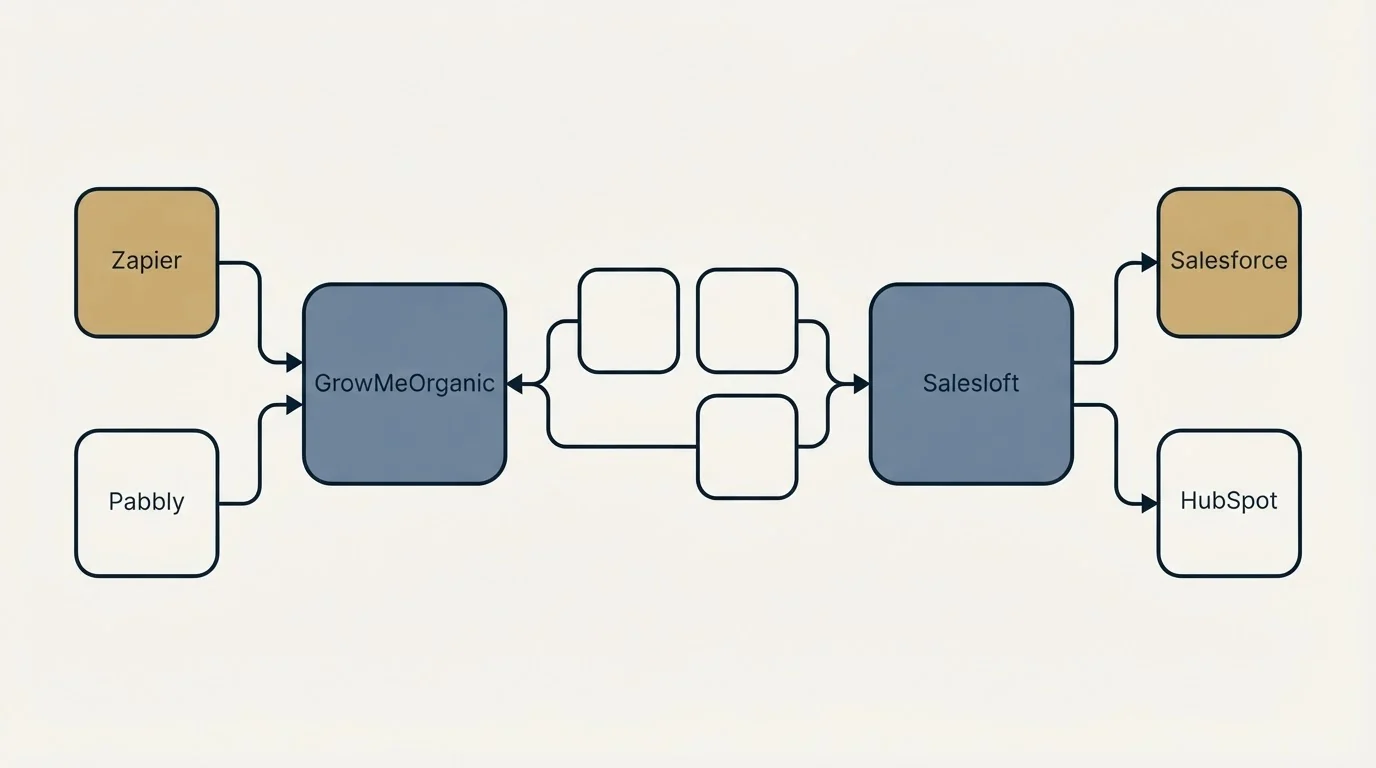 Integration schematic: Integration Ecosystem (GrowMeOrganic, Salesloft, Zapier, Salesforce)