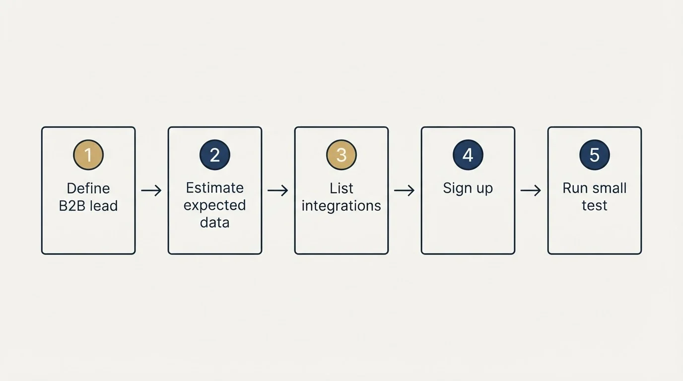 Step sequence: Getting Started Checklist (Define B2B lead, Estimate expected data, List integrations, Sign up)