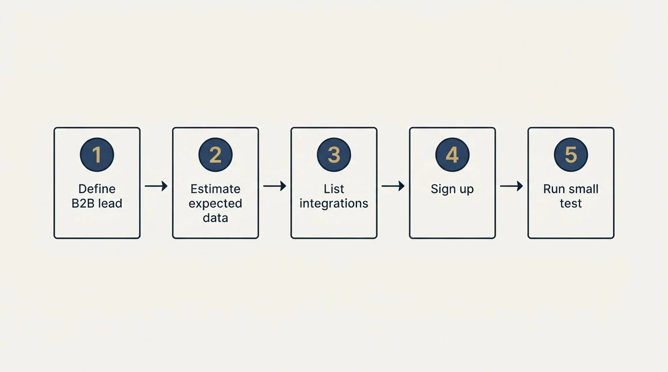 Step sequence: Getting Started Checklist (Define B2B lead, Estimate expected data, List integrations, Sign up)