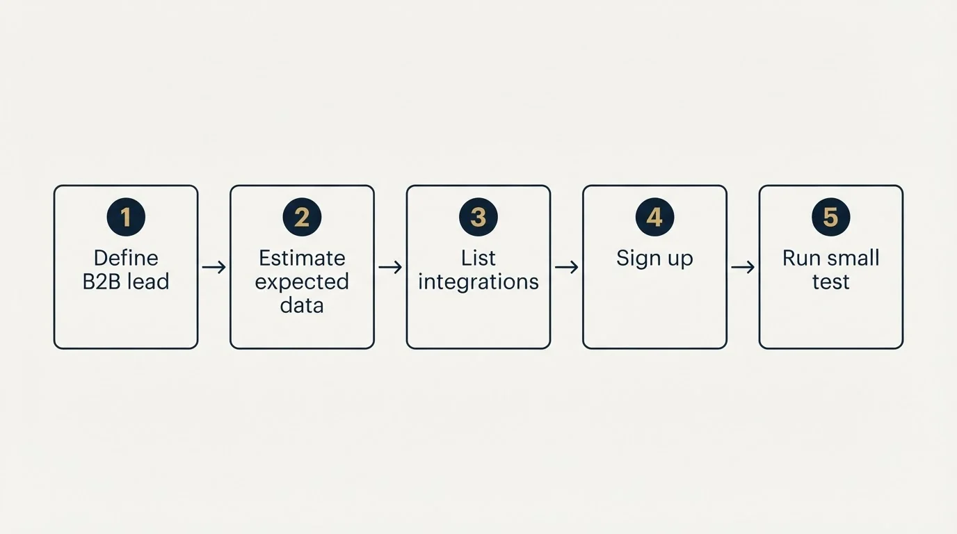 Step sequence: Getting Started Checklist (Define B2B lead, Estimate expected data, List integrations, Sign up)