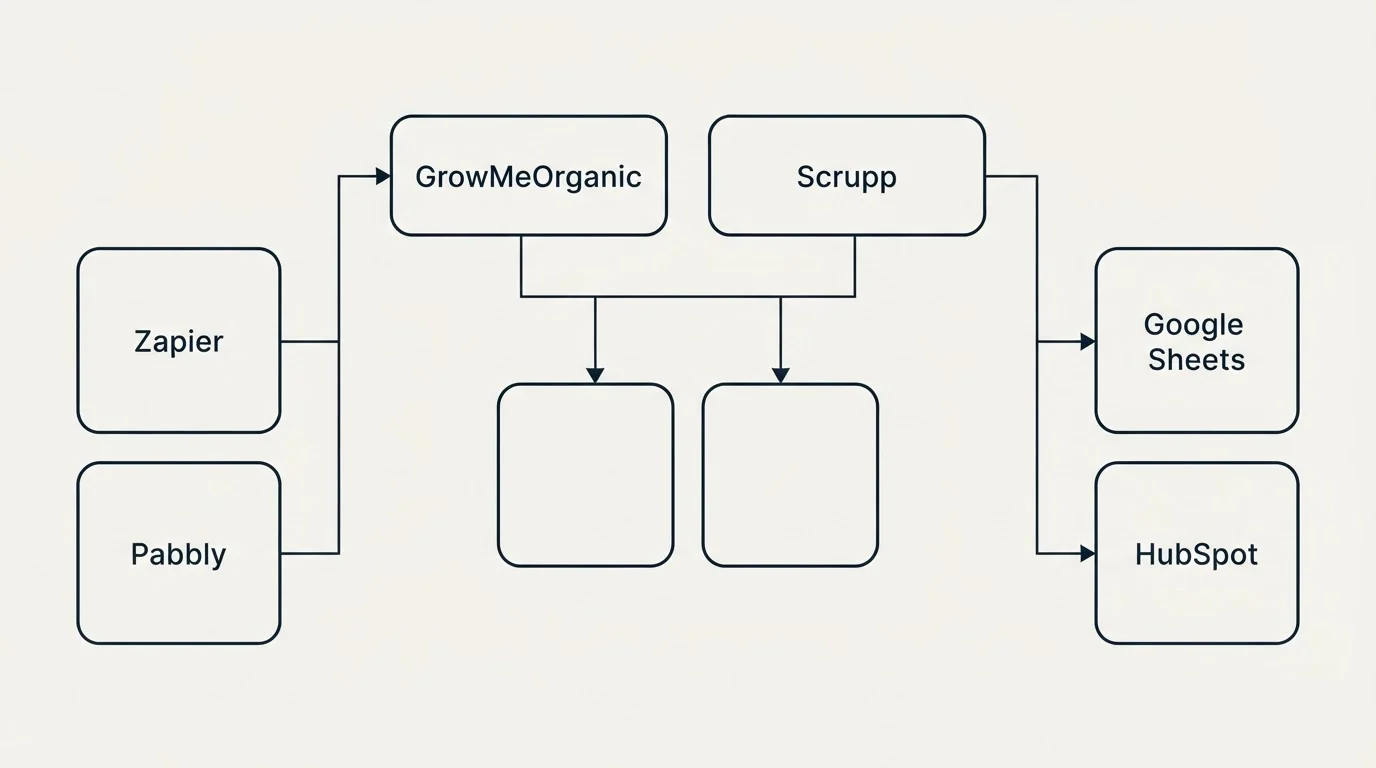Integration grid: Integration Ecosystem (GrowMeOrganic, Scrupp, Zapier, Google Sheets)