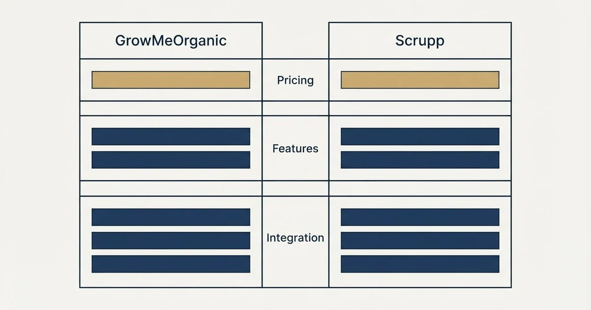 Comparison panel: GrowMeOrganic vs Scrupp (Pricing, Features, Integration)