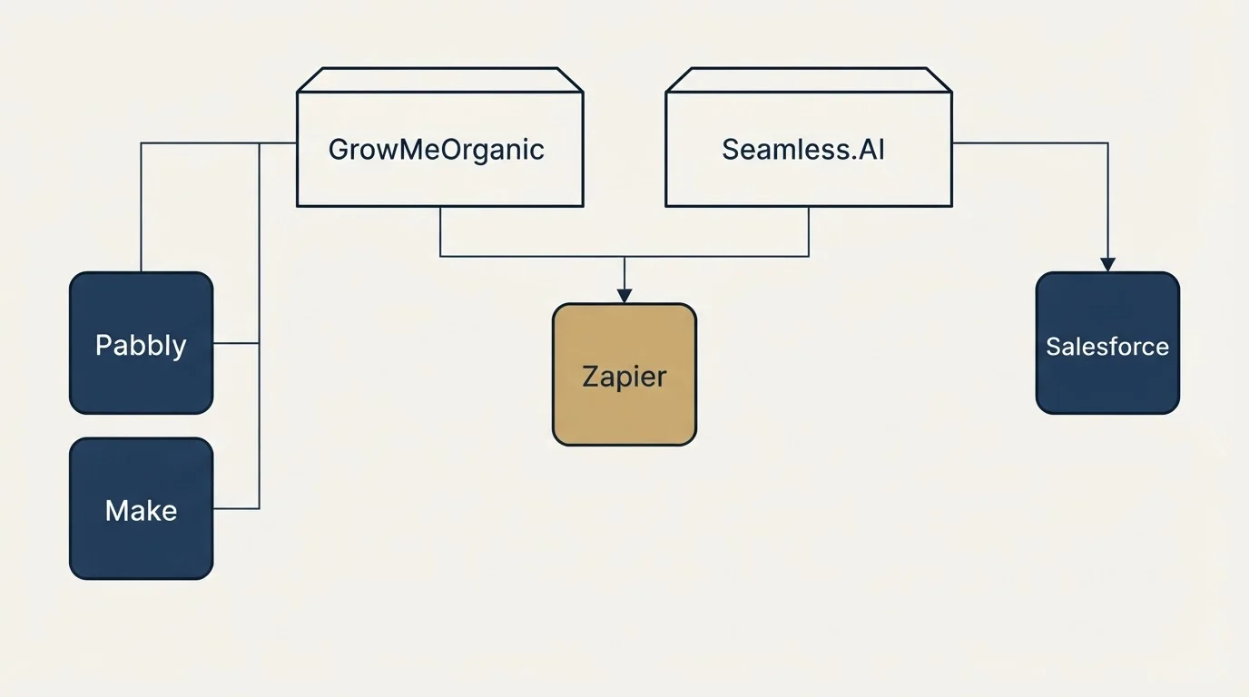 Integration grid: Integration Ecosystem (GrowMeOrganic, Seamless.AI, Zapier, Pabbly)