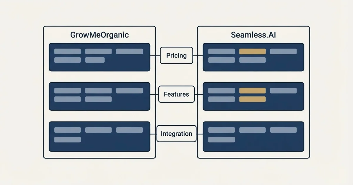 Comparison panel: GrowMeOrganic vs Seamless.AI (Pricing, Features, Integration)