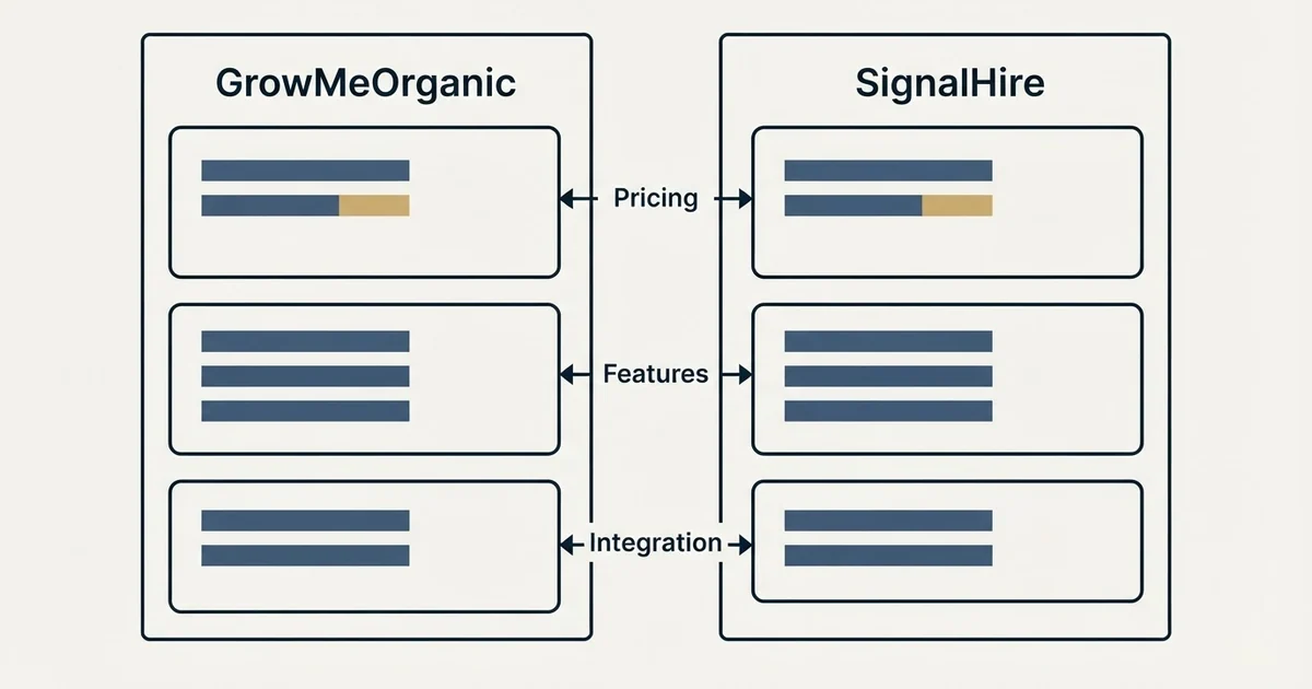 Comparison panel: GrowMeOrganic vs SignalHire (Pricing, Features, Integration)