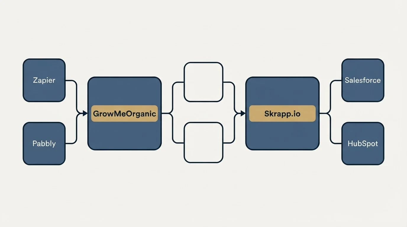 Integration schematic: Integration Ecosystem (GrowMeOrganic, Skrapp.io, Zapier, Salesforce)
