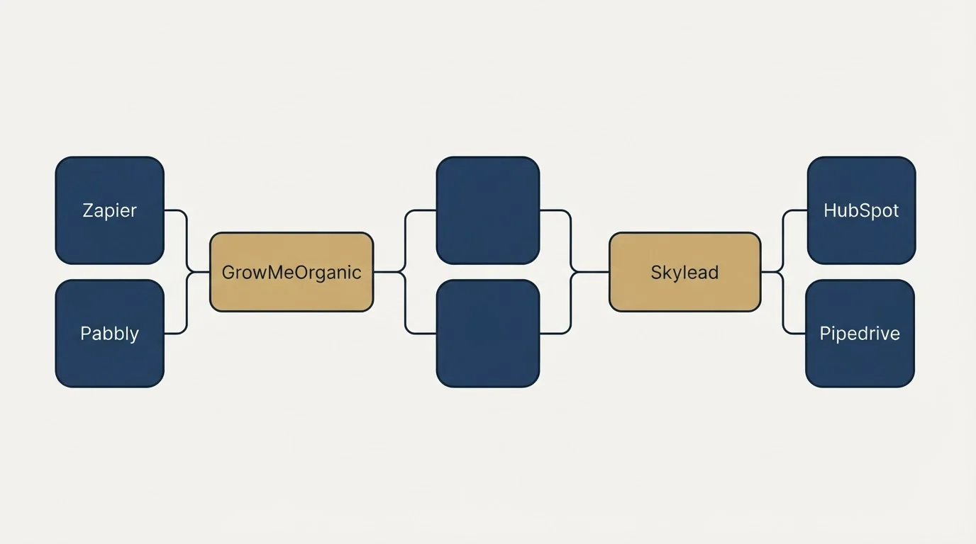 Integration schematic: Integration Ecosystem (GrowMeOrganic, Skylead, Zapier, HubSpot)