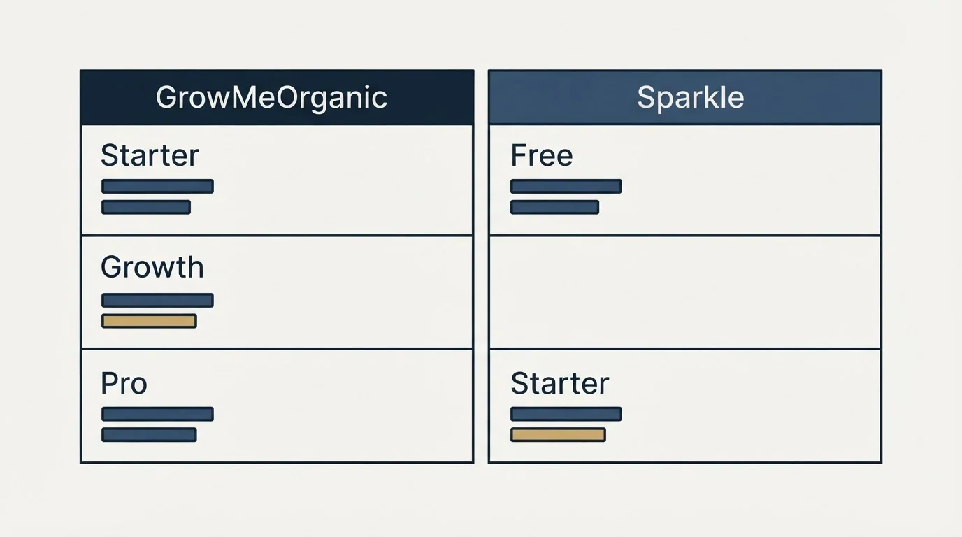 Pricing table: Pricing Comparison (GrowMeOrganic, Sparkle, Starter, Free)