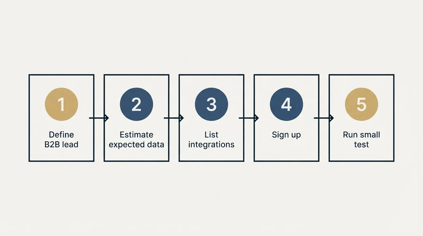 Step sequence: Getting Started Checklist (Define B2B lead, Estimate expected data, List integrations, Sign up)