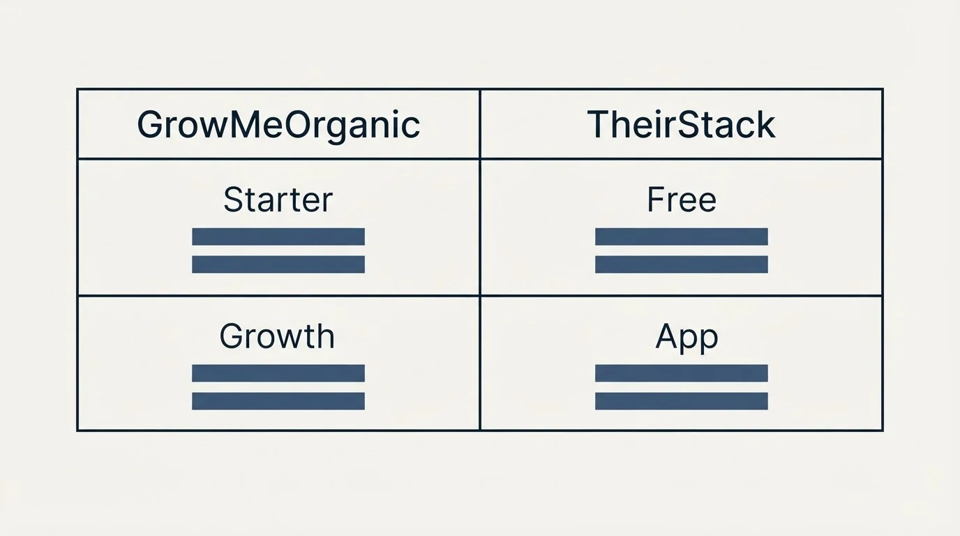 Pricing table: Pricing Comparison (GrowMeOrganic, TheirStack, Starter, Free)