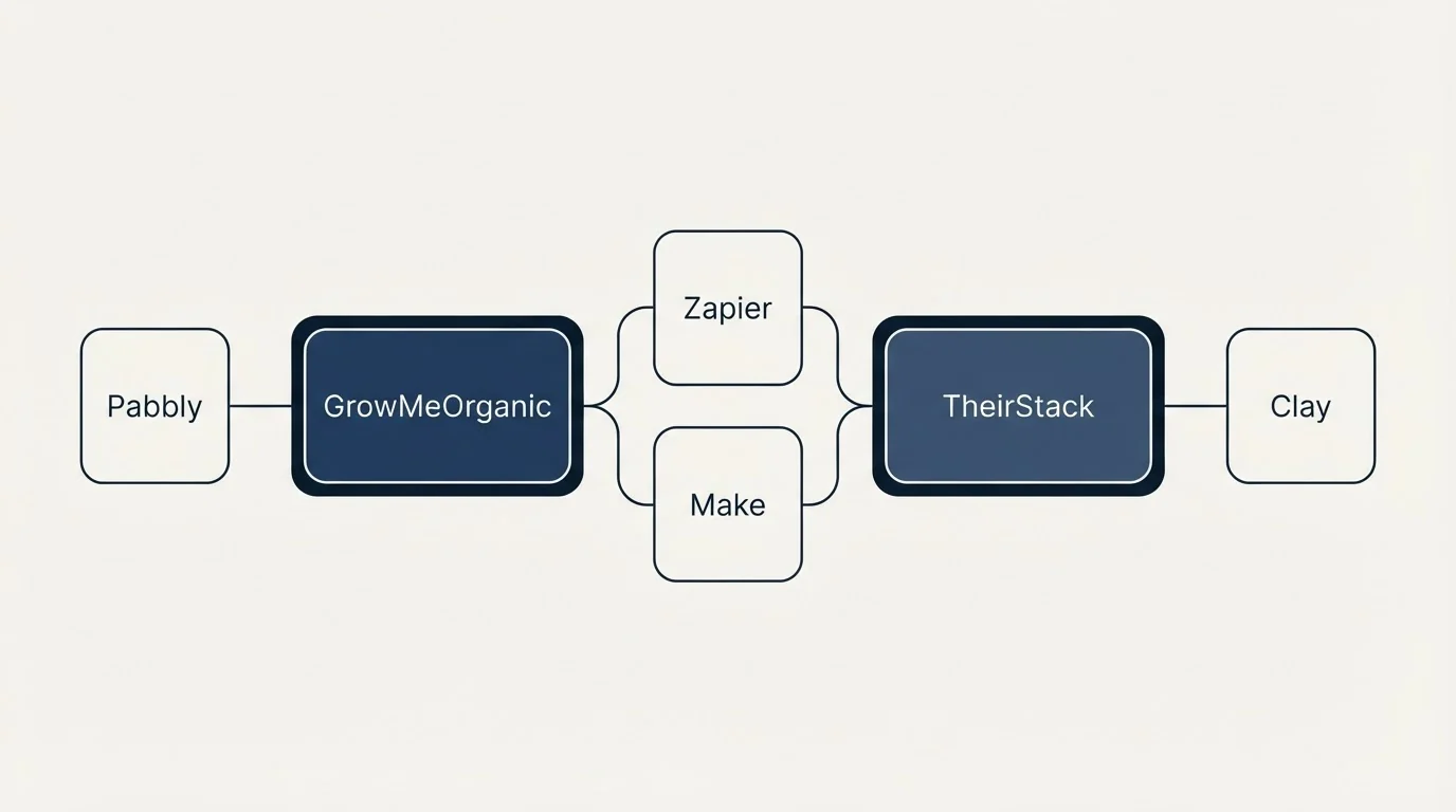 Integration schematic: Integration Ecosystem (GrowMeOrganic, TheirStack, Zapier, Make)