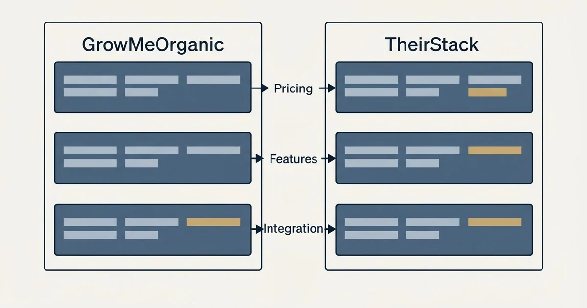 Comparison panel: GrowMeOrganic vs TheirStack (Pricing, Features, Integration)