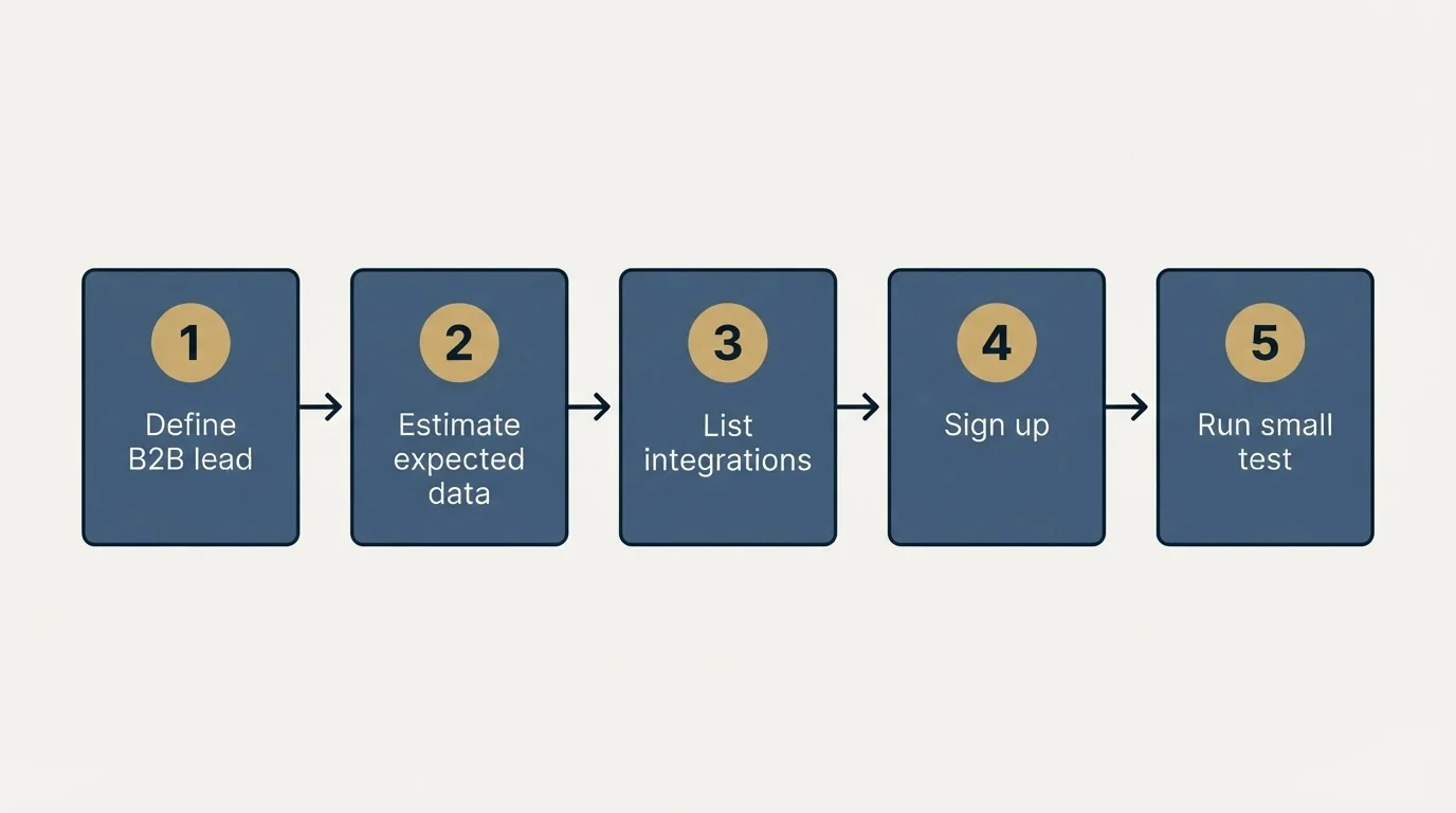 Step sequence: Getting Started Checklist (Define B2B lead, Estimate expected data, List integrations, Sign up)