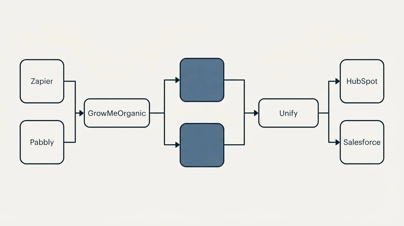 Integration flow: Integration Ecosystem (GrowMeOrganic, Unify, Zapier, HubSpot)