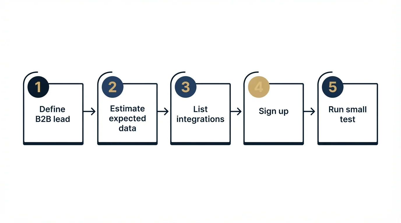 Step sequence: Getting Started Checklist (Define B2B lead, Estimate expected data, List integrations, Sign up)