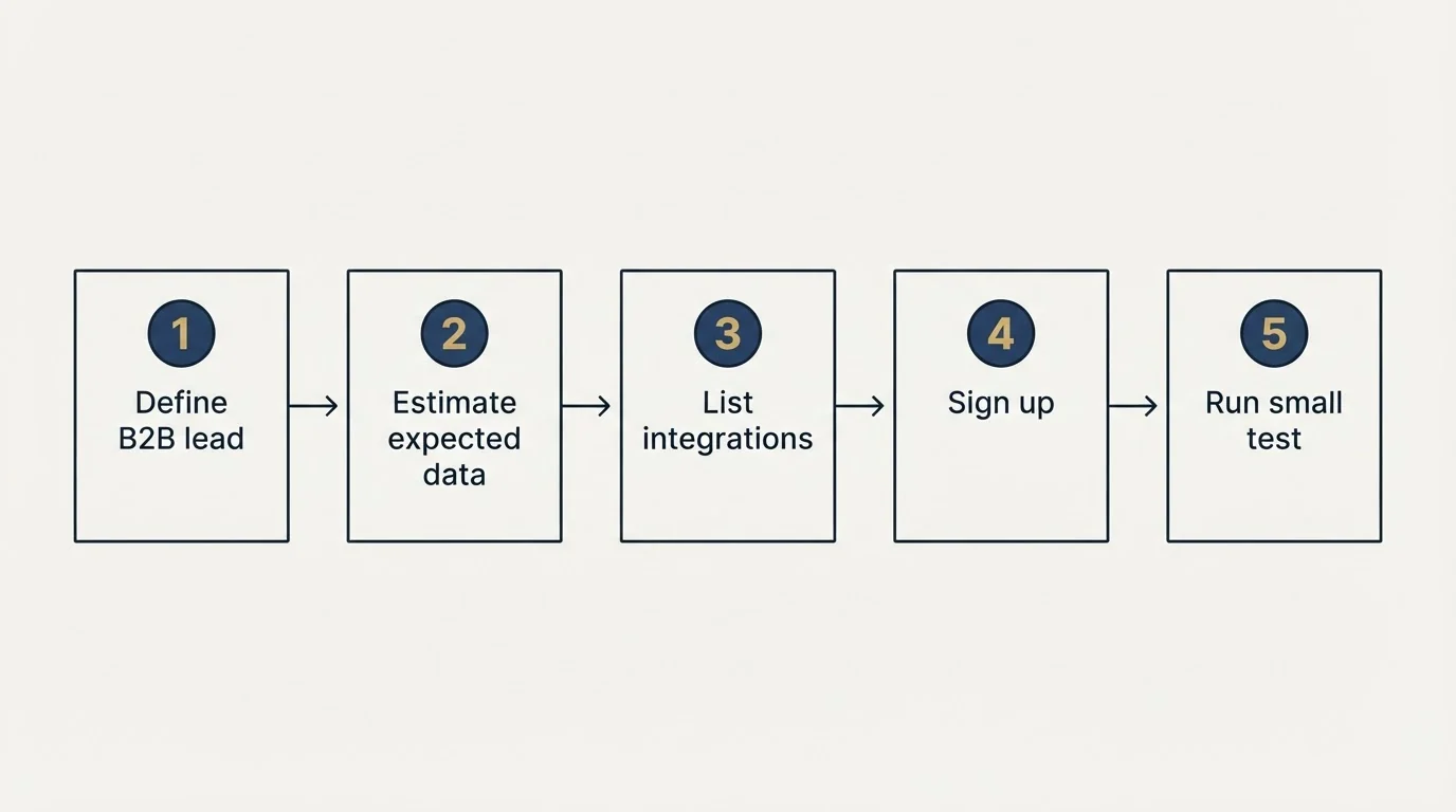 Step sequence: Getting Started Checklist (Define B2B lead, Estimate expected data, List integrations, Sign up)