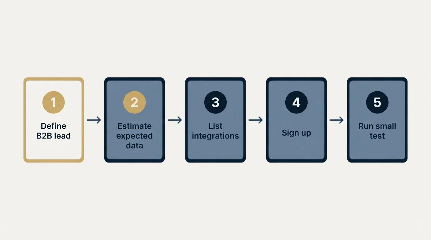 Step sequence: Getting Started Checklist (Define B2B lead, Estimate expected data, List integrations, Sign up)