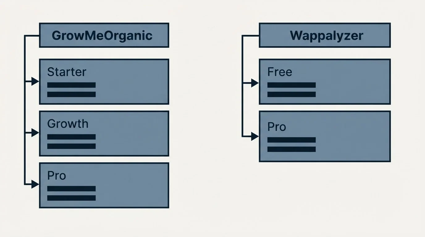 Pricing table: Pricing Comparison (GrowMeOrganic, Wappalyzer, Starter, Free)