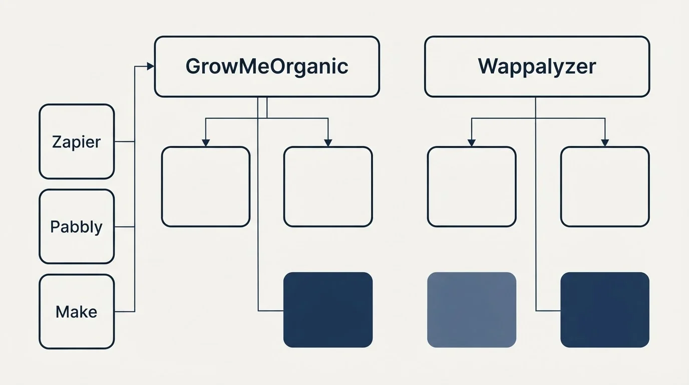 Integration grid: Integration Ecosystem (GrowMeOrganic, Wappalyzer, Zapier, Pabbly)
