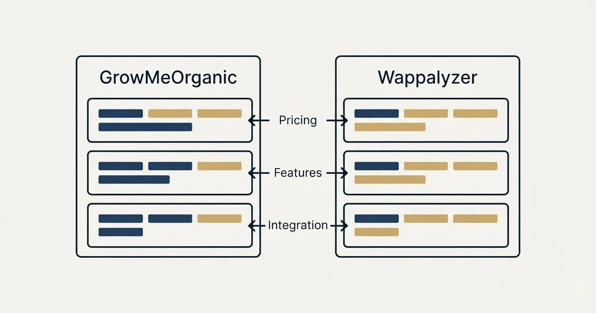 Comparison panel: GrowMeOrganic vs Wappalyzer (Pricing, Features, Integration)