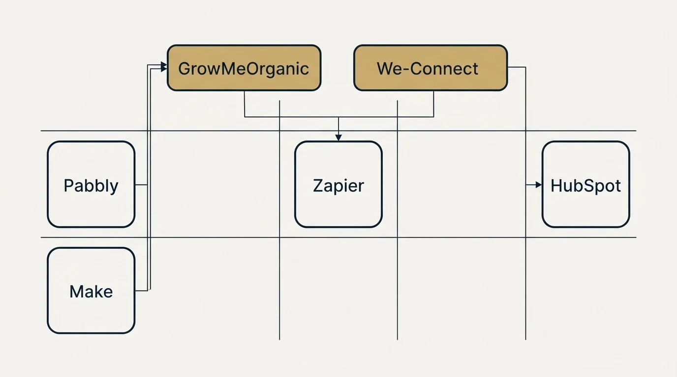 Integration grid: Integration Ecosystem (GrowMeOrganic, We-Connect, Zapier, Pabbly)