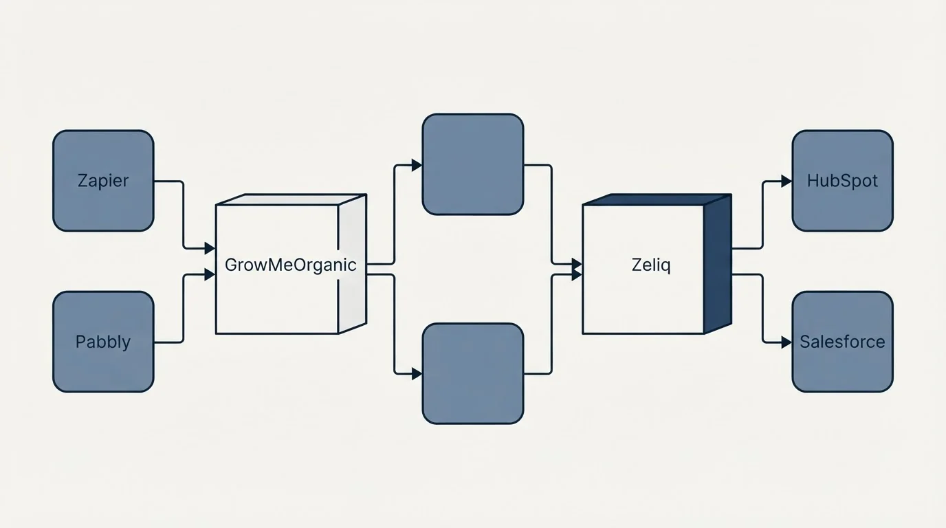 Integration flow: Integration Ecosystem (GrowMeOrganic, Zeliq, Zapier, HubSpot)