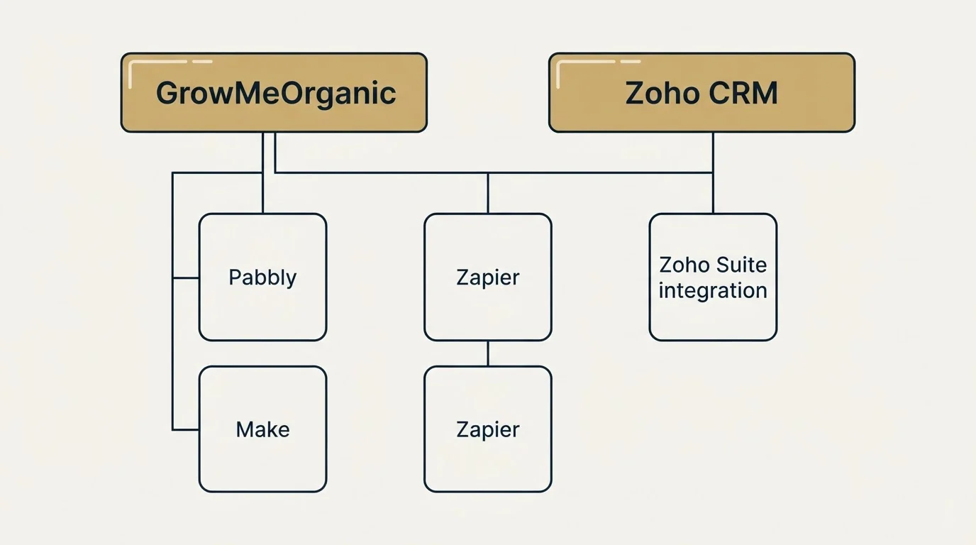 Integration grid: Integration Ecosystem (GrowMeOrganic, Zoho CRM, Zapier, Pabbly)