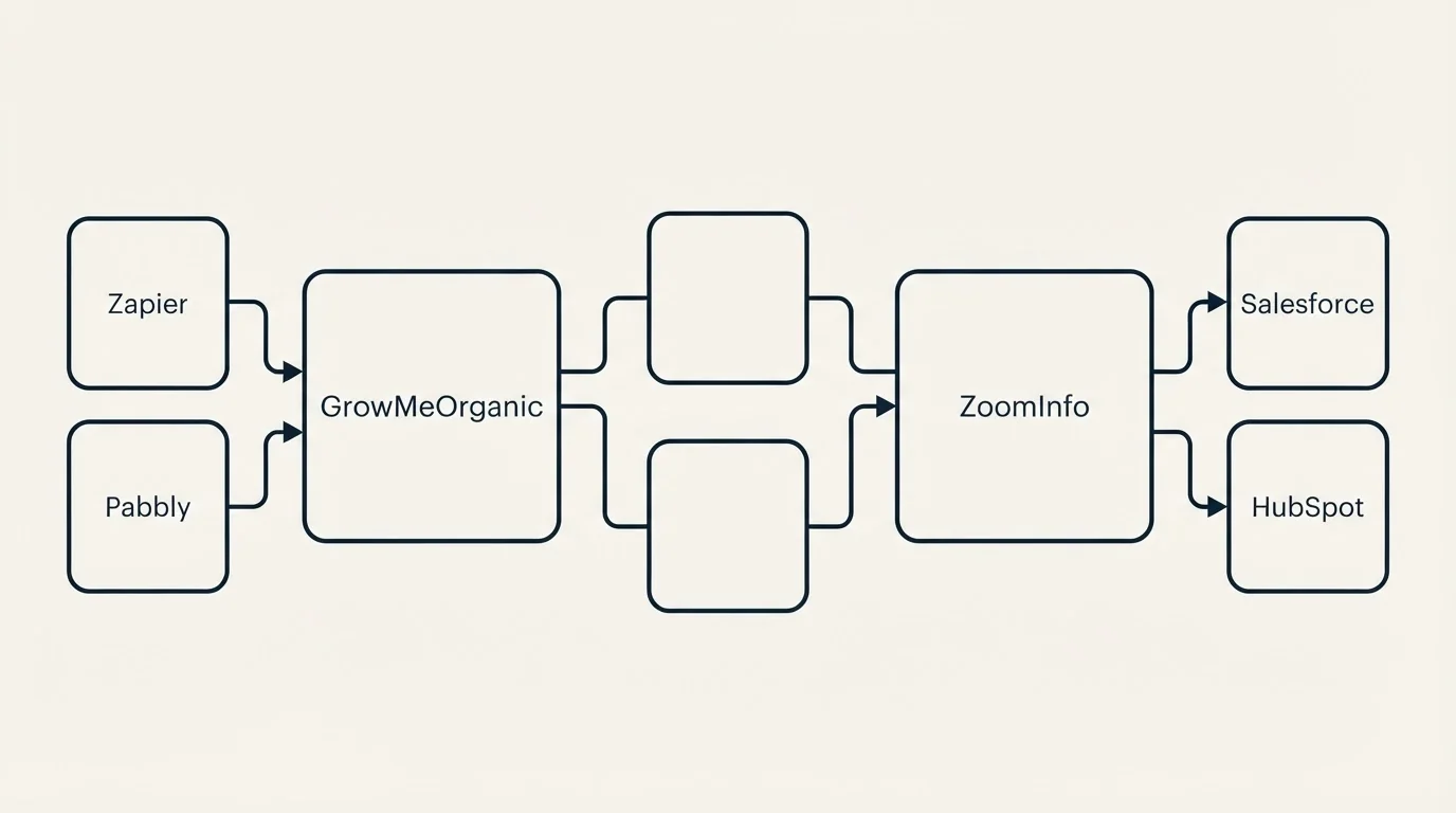Integration schematic: Integration Ecosystem (GrowMeOrganic, ZoomInfo, Zapier, Salesforce)