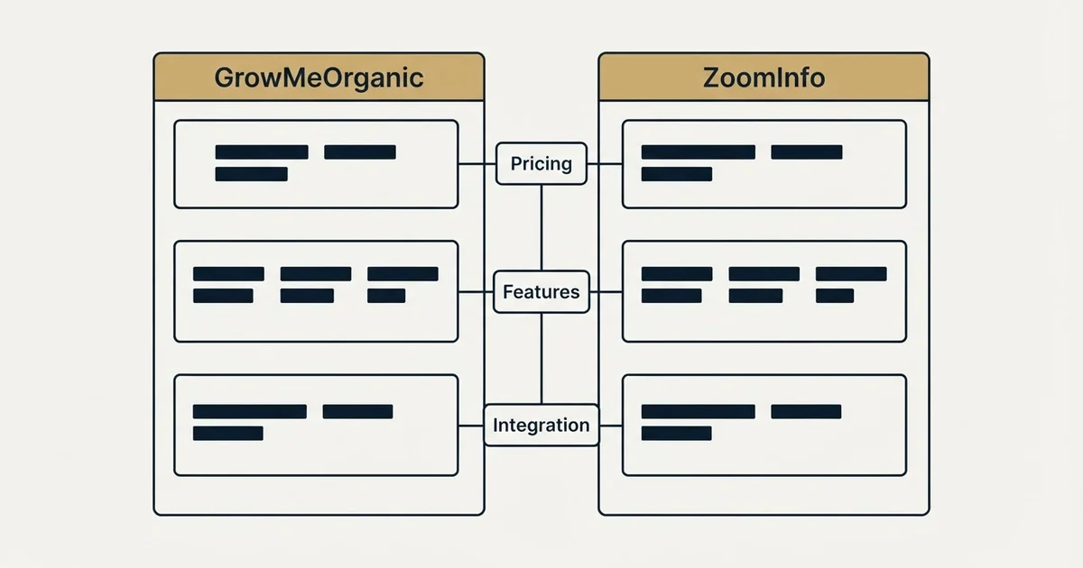 Comparison panel: GrowMeOrganic vs ZoomInfo (Pricing, Features, Integration)