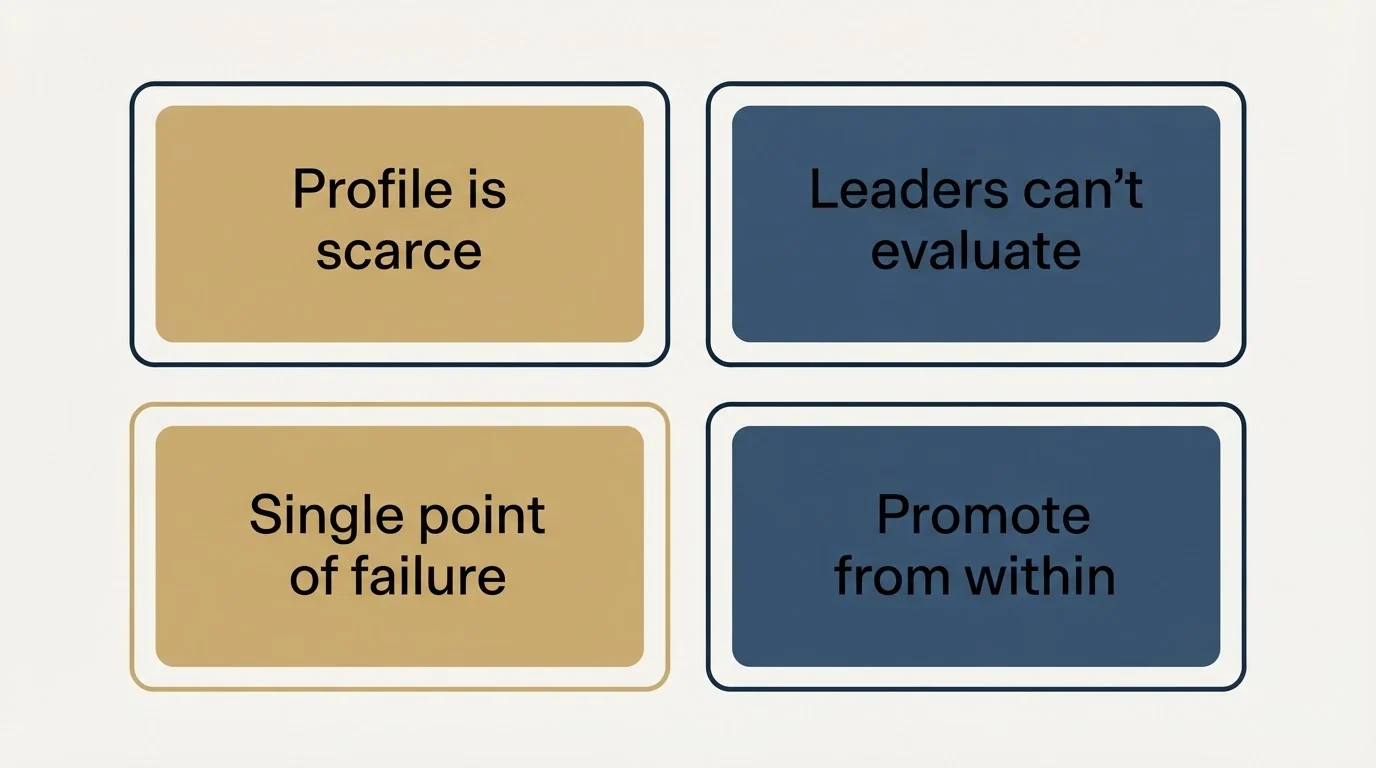 Schematic: The Hiring Problem Nobody Warns You About (Profile is scarce, Leaders can't evaluate, Single point of failure, Promote from within)