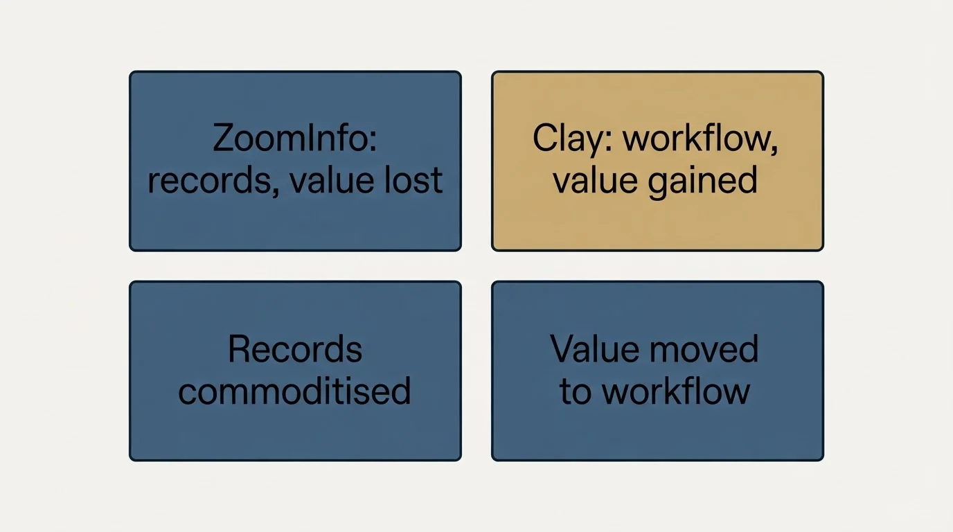 Schematic: The pattern in the two extremes (ZoomInfo: records, value lost, Clay: workflow, value gained, Records commoditised, Value moved to workflow)