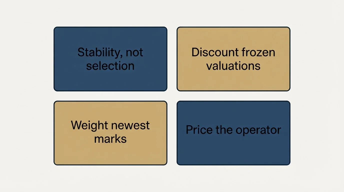 Schematic: How To Read A List Like This As A Buyer (Stability, not selection, Discount frozen valuations, Weight newest marks, Price the operator)