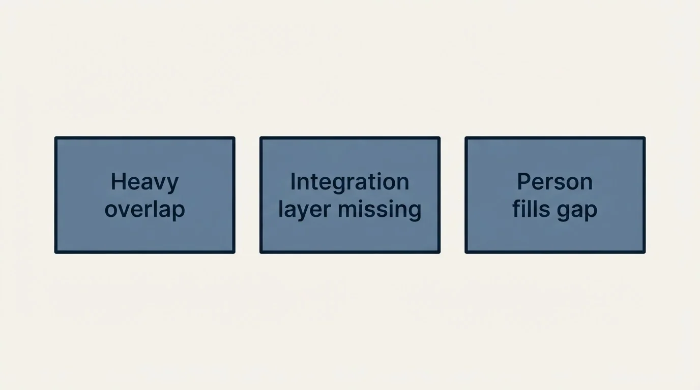 Schematic: What The Map Does Not Show (Heavy overlap, Integration layer missing, Person fills gap)