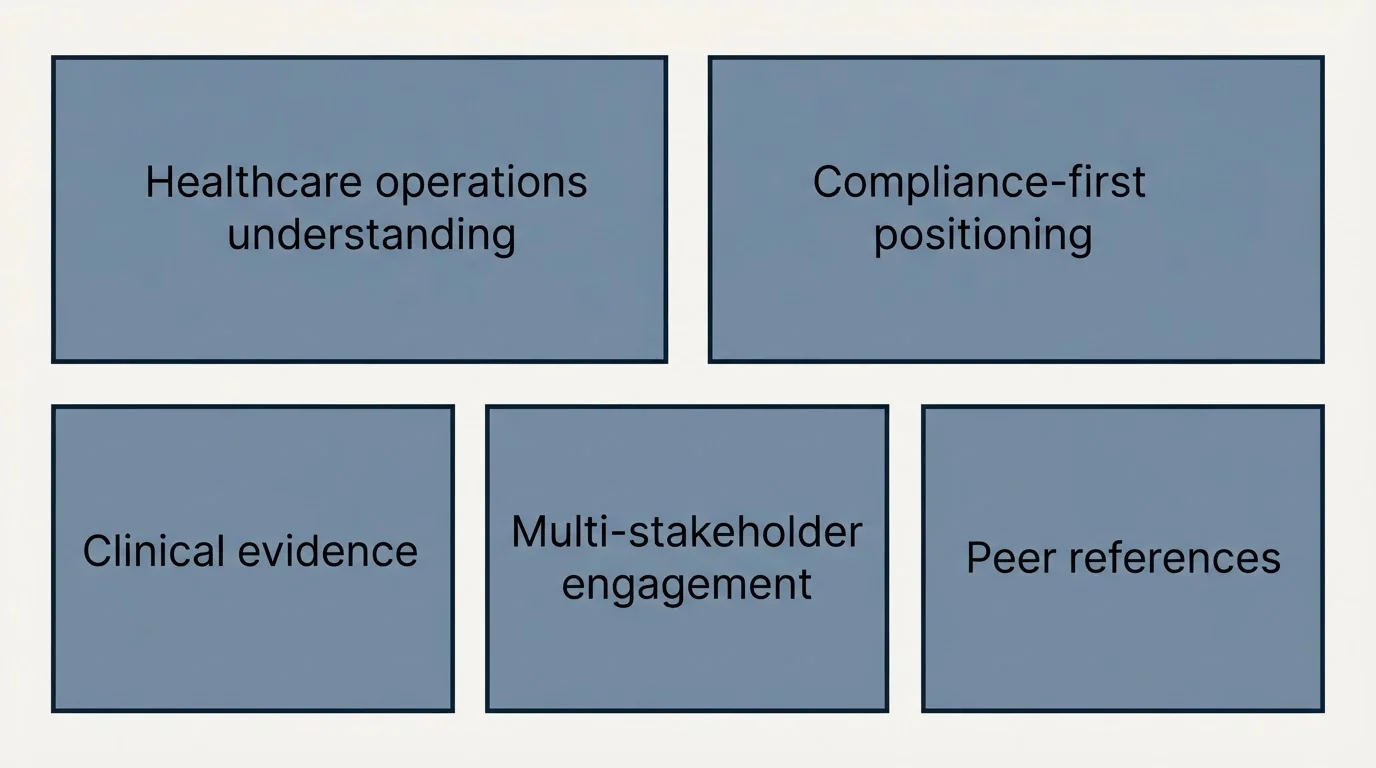 Schematic: What Top Performers Do Differently (Healthcare operations understanding, Compliance-first positioning, Clinical evidence, Multi-stakeholder engagement)