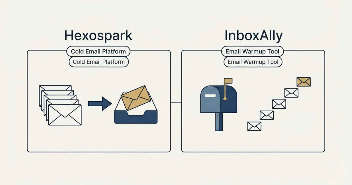 Side-by-side panels: Hexospark vs InboxAlly (Cold Email Platform, Email Warmup Tool)