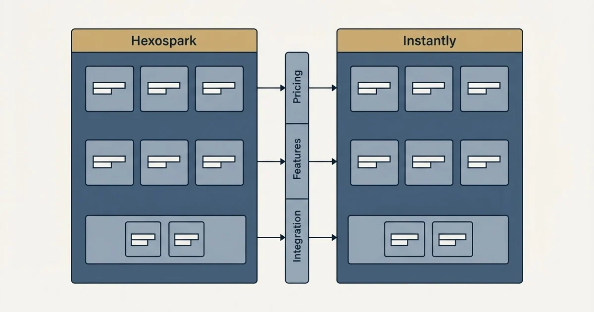 Comparison panel: Hexospark vs Instantly (Pricing, Features, Integration)