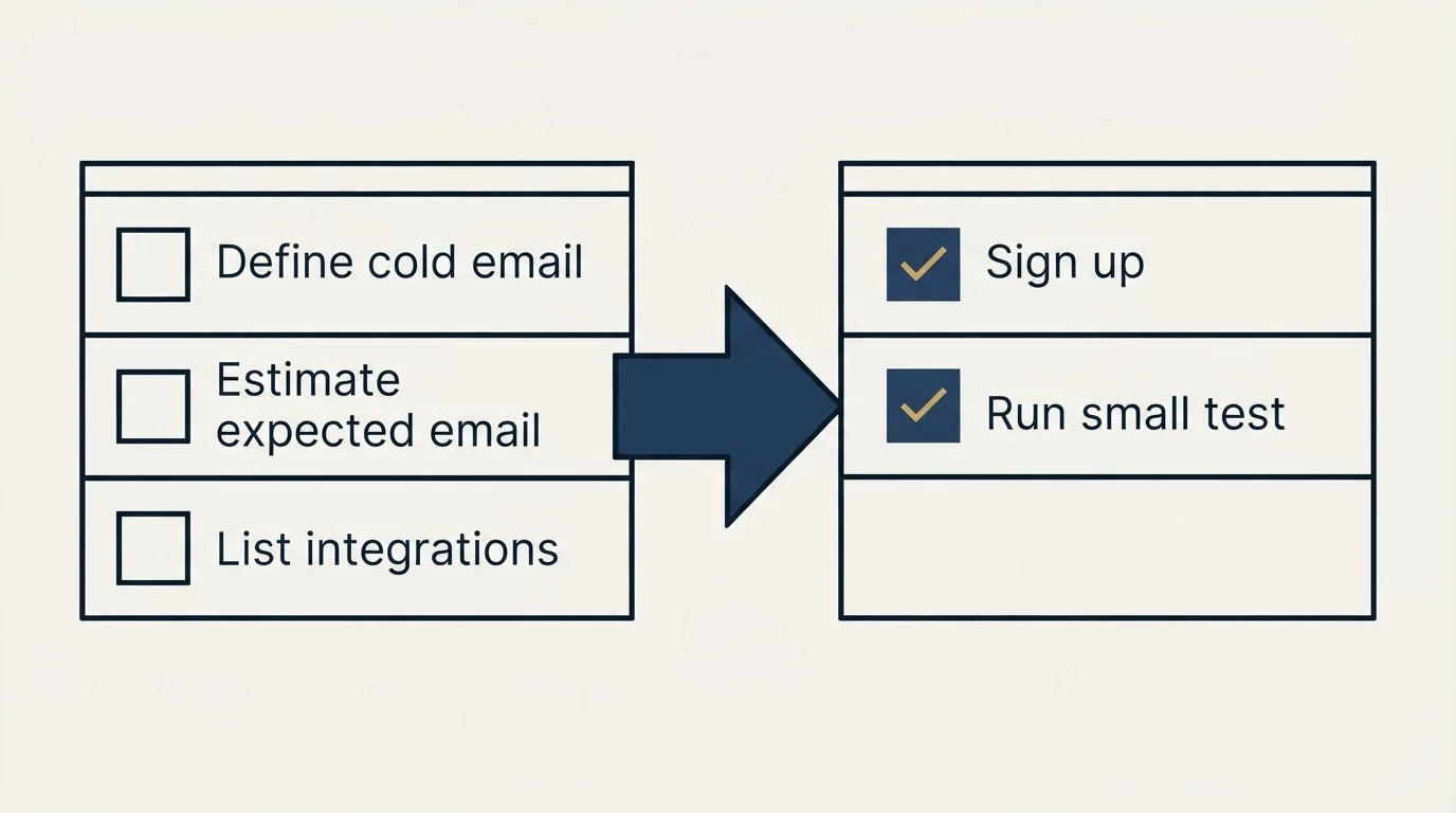 Before-and-after steps: Getting Started Checklist (Define cold email, Estimate expected email, List integrations, Sign up)