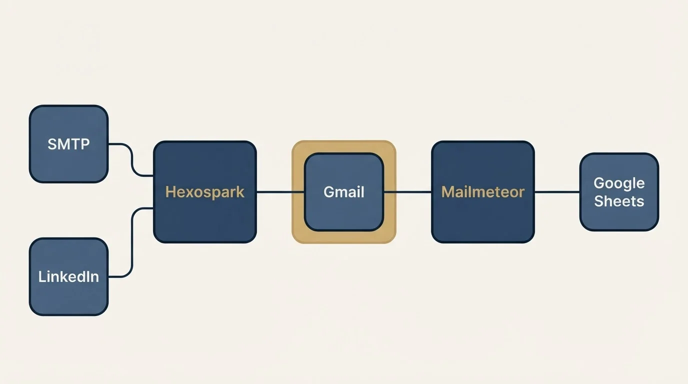Integration schematic: Integration Ecosystem (Hexospark, Mailmeteor, Gmail, SMTP)