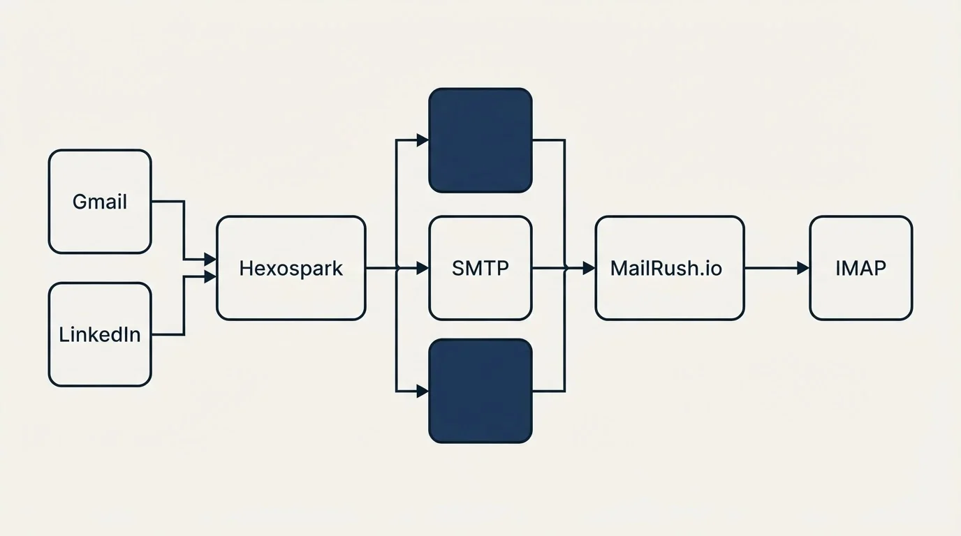 Integration flow: Integration Ecosystem (Hexospark, MailRush.io, SMTP, Gmail)