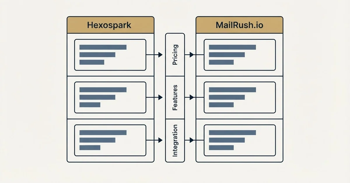 Comparison panel: Hexospark vs MailRush.io (Pricing, Features, Integration)