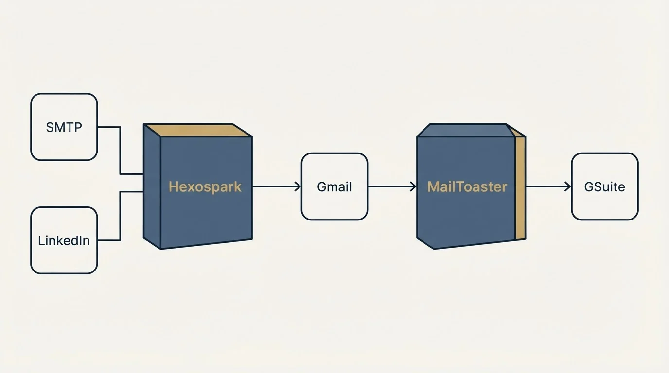 Integration flow: Integration Ecosystem (Hexospark, MailToaster, Gmail, SMTP)