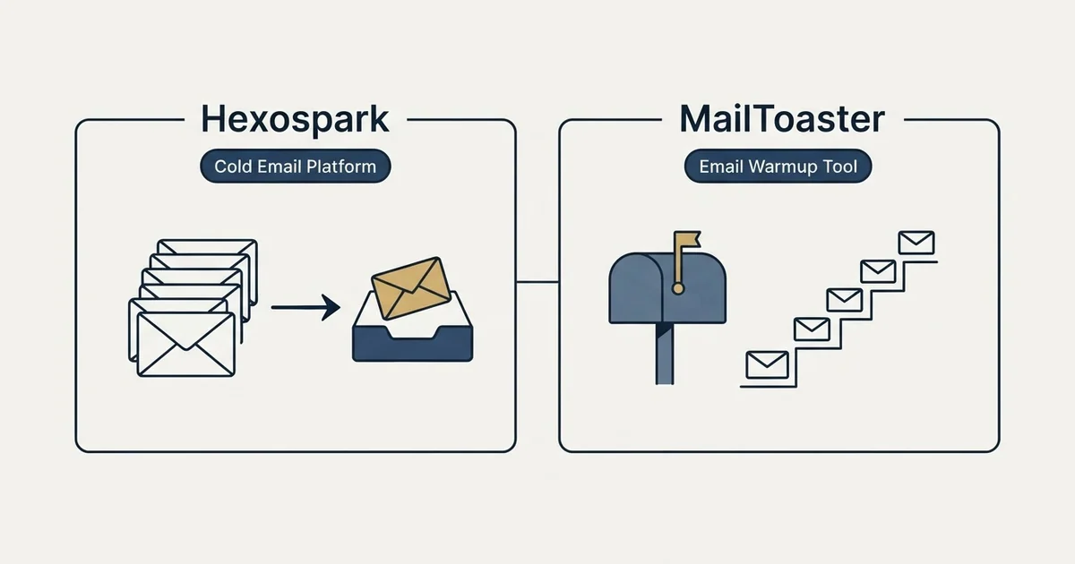 Side-by-side panels: Hexospark vs MailToaster (Cold Email Platform, Email Warmup Tool)