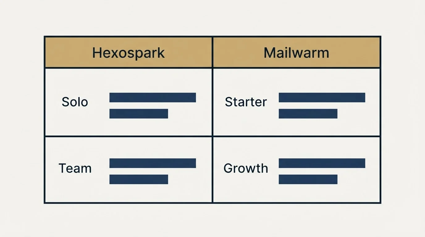 Pricing table: Pricing Comparison (Hexospark, Mailwarm, Solo, Starter)