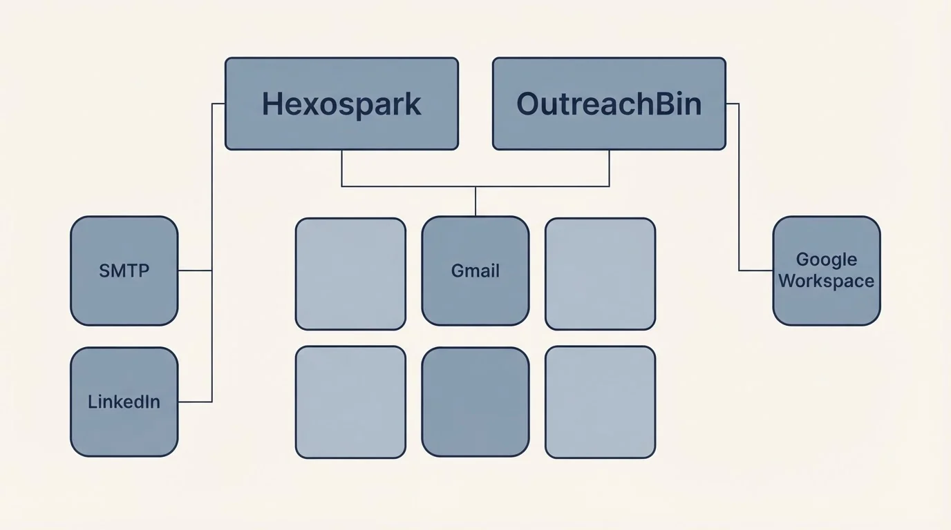 Integration grid: Integration Ecosystem (Hexospark, OutreachBin, Gmail, SMTP)