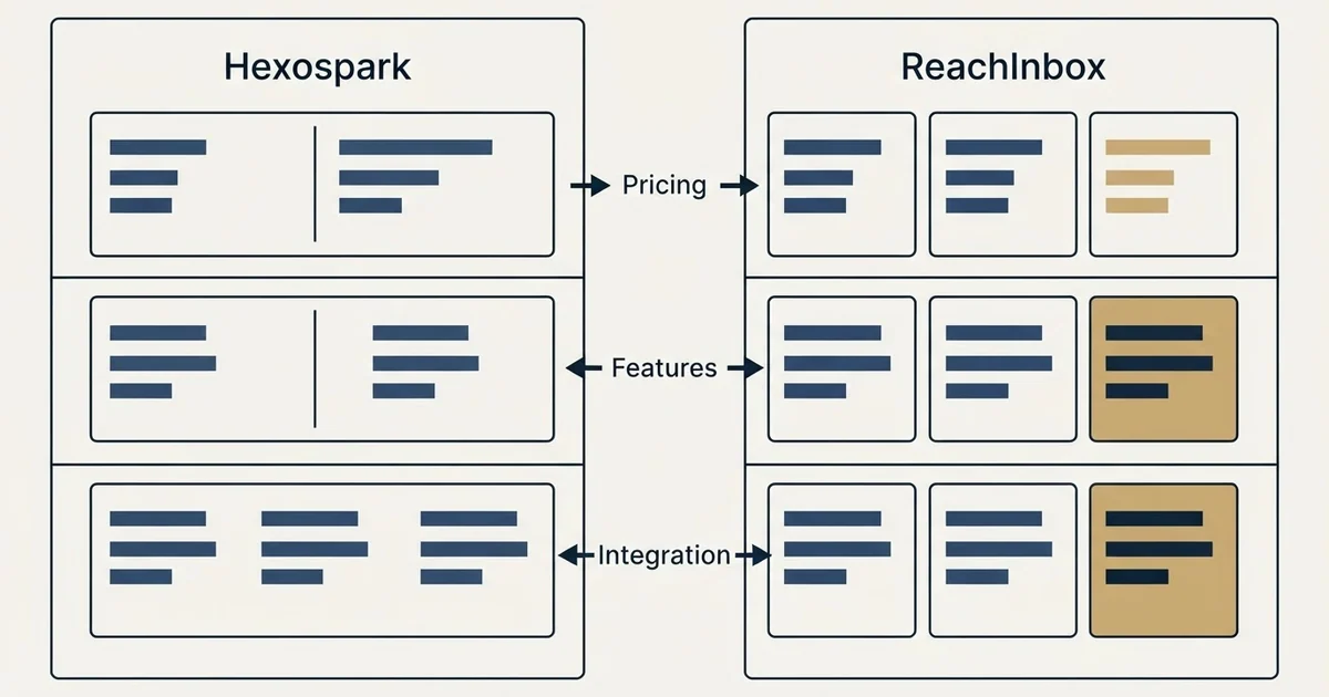 Comparison panel: Hexospark vs ReachInbox (Pricing, Features, Integration)