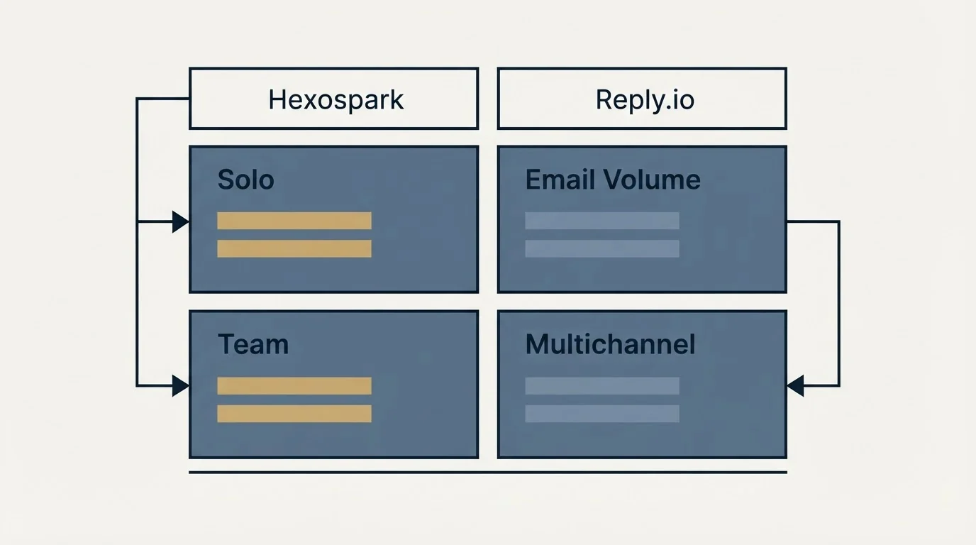 Pricing table: Pricing Comparison (Hexospark, Reply.io, Solo, Email Volume)