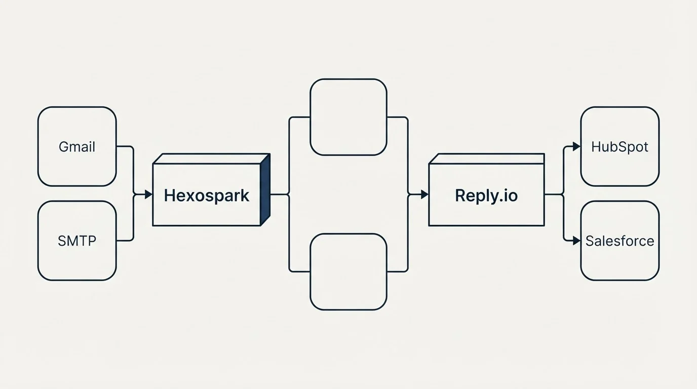 Integration flow: Integration Ecosystem (Hexospark, Reply.io, Gmail, HubSpot)