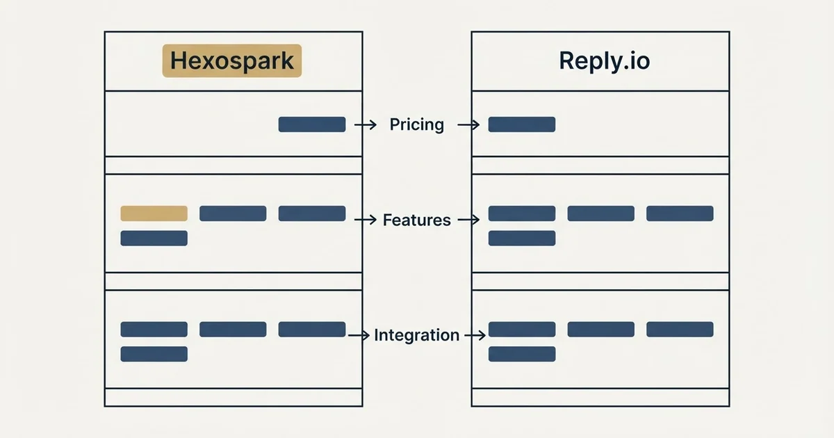 Comparison panel: Hexospark vs Reply.io (Pricing, Features, Integration)