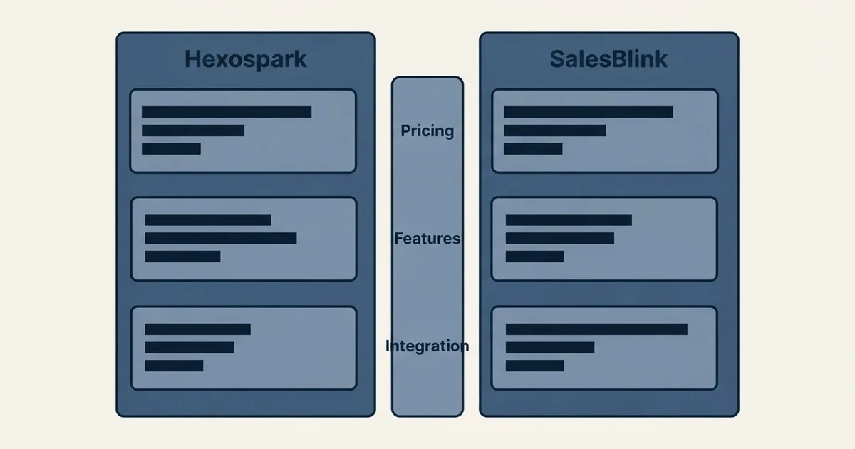 Comparison panel: Hexospark vs SalesBlink (Pricing, Features, Integration)