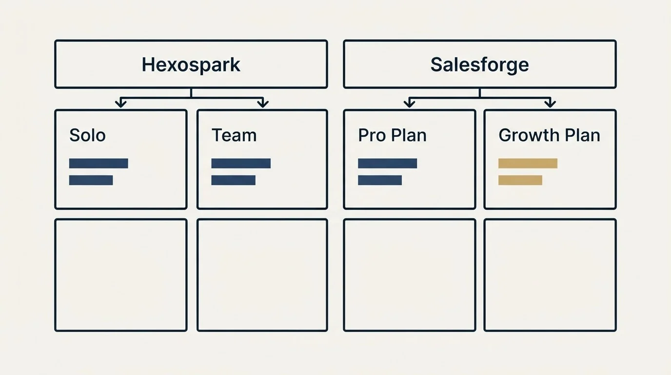 Pricing table: Pricing Comparison (Hexospark, Salesforge, Solo, Pro Plan)